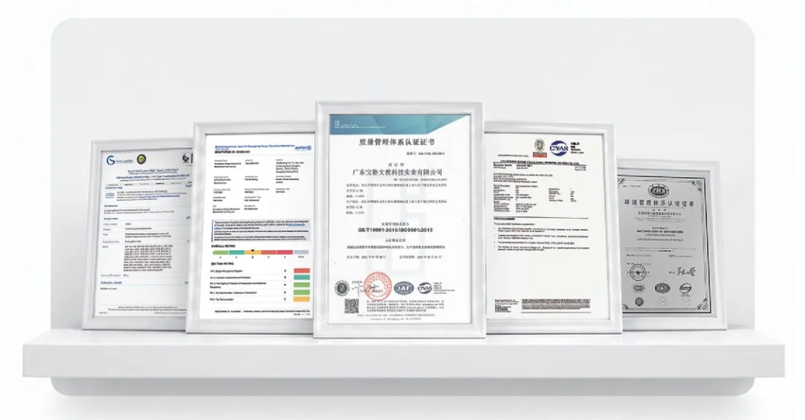 万格积木资质认证证书:质量管理体系认证(ISO 9001)、CNAS 认可证书等多份资质文件